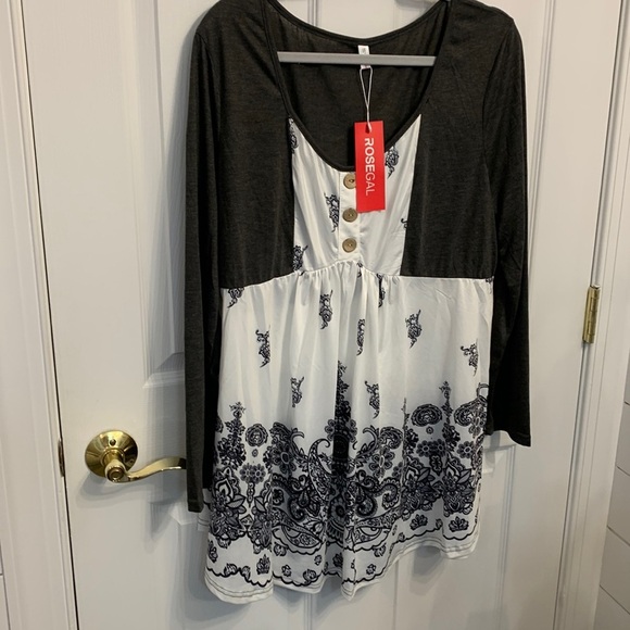 Rosegal NWT Grey White paisley Babydoll Tunic Dress size 2X / 18